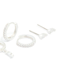Silver Plated Cubic Zirconia Dainty Stud & Huggie Earrings 4-Pack - link has visual effect only