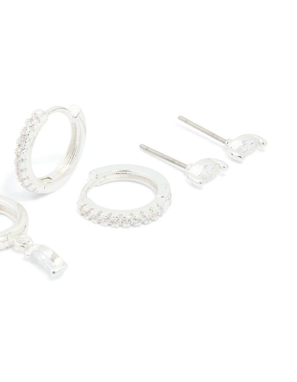 Silver Plated Cubic Zirconia Dainty Stud & Huggie Earrings 4-Pack