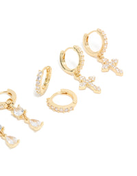 Gold Plated Cubic Zirconia & Cross Drop Huggie Earrings 4-Pack - link has visual effect only