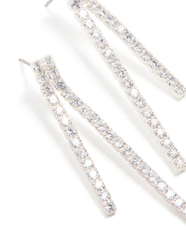 Silver Plated Cubic Zirconia Asymmetrical Cup Chain Drop Earrings