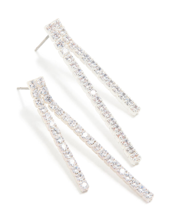 Silver Plated Cubic Zirconia Asymmetrical Cup Chain Drop Earrings