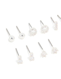 Silver Plated Cubic Zirconia Dainty Motif Stud Earrings 6-Pack - link has visual effect only