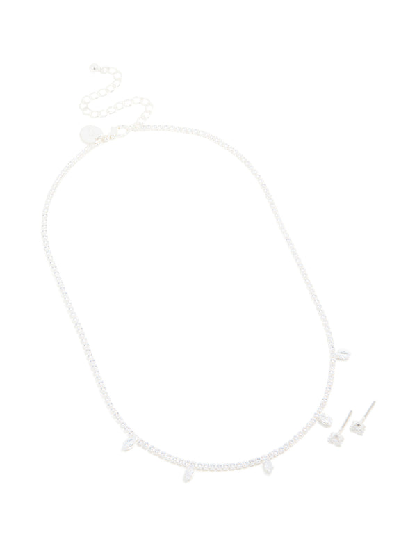 Silver Plated Cubic Zirconia Mini Marquise Drops Necklace & Earrings Set