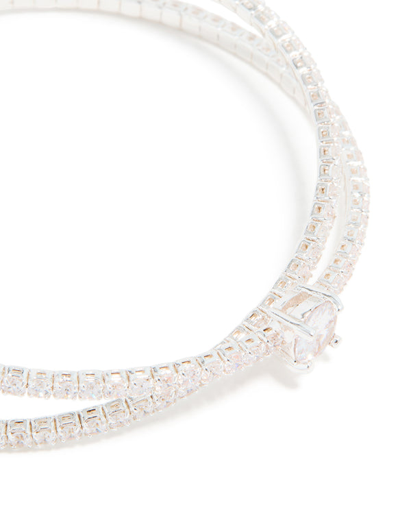 Silver Plated Cubic Zirconia Intersecting Wrist Cuff