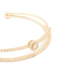 Gold Plated Cubic Zirconia Round Front Layered Wrist Cuff - link has visual effect only