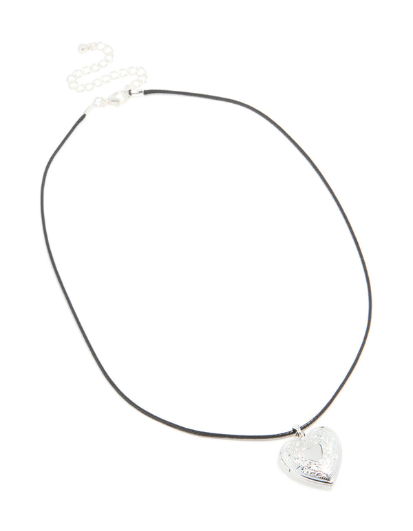 Silver Heart Locket Black Cord Necklace