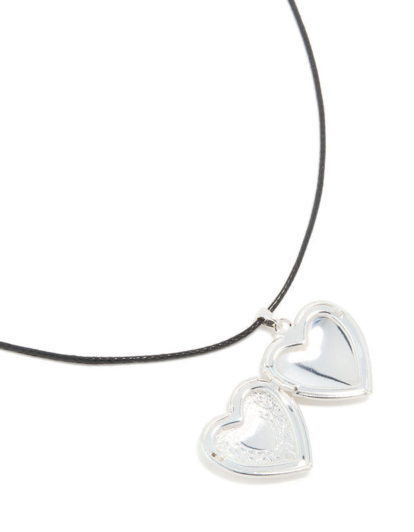 Silver Heart Locket Black Cord Necklace