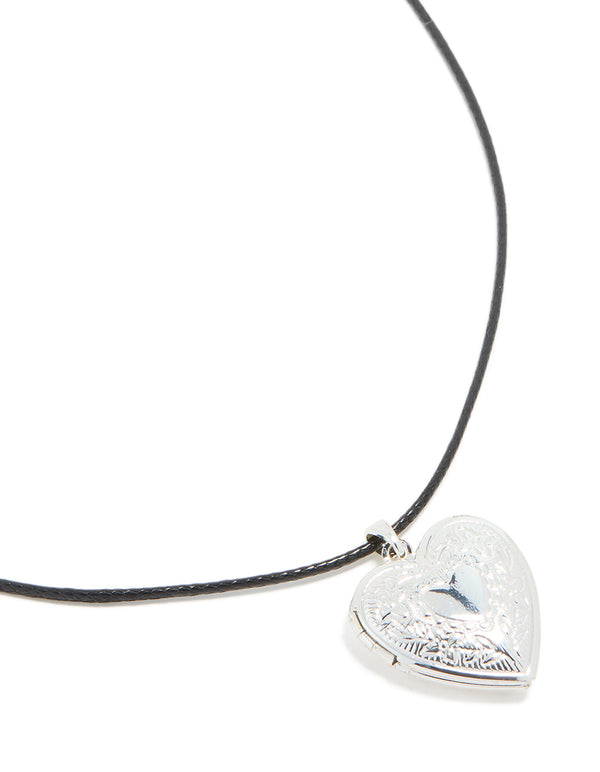 Silver Heart Locket Black Cord Necklace