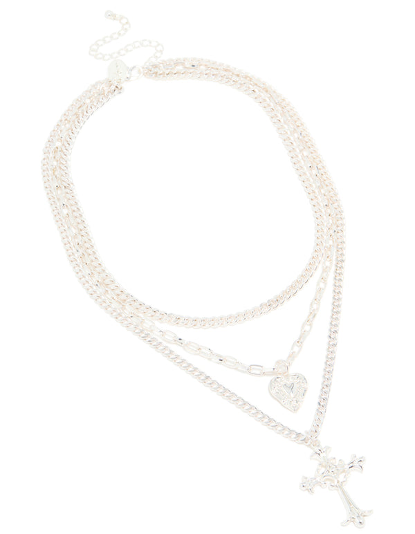 Silver Chain Heart & Gothic Cross Layered Necklace