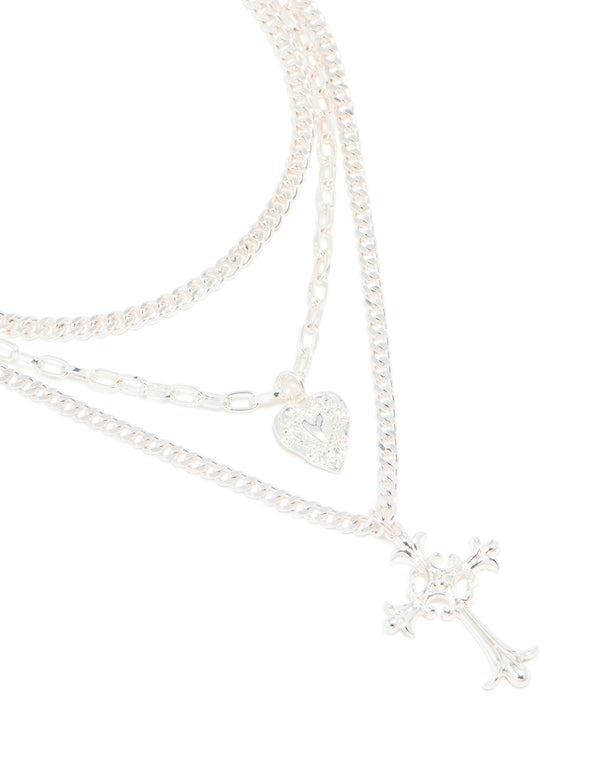 Silver Chain Heart & Gothic Cross Layered Necklace
