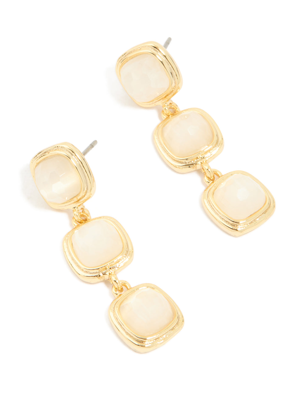 Gold Plated Stone Trio Square Drop Earrings