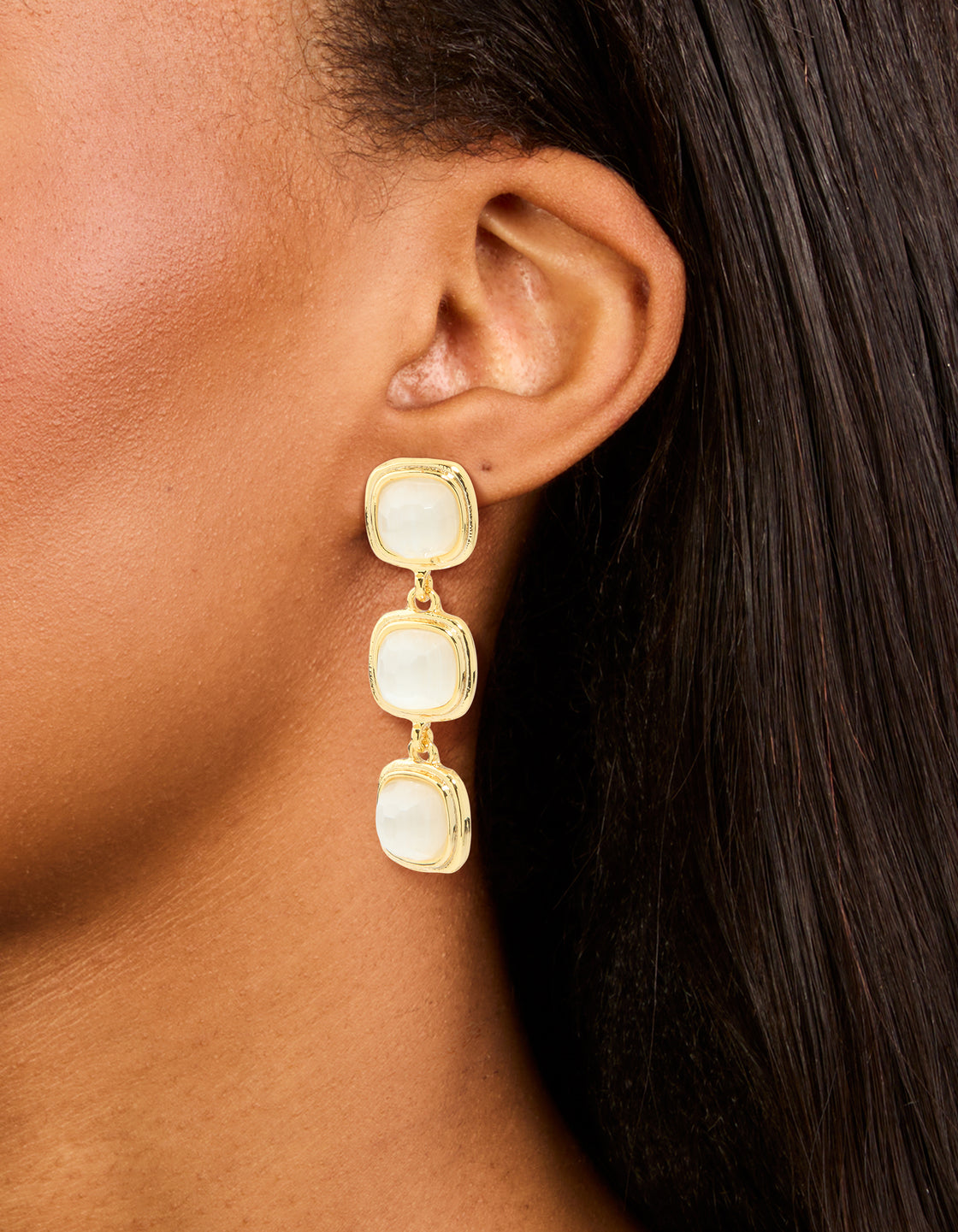 Gold Plated Stone Trio Square Drop Earrings