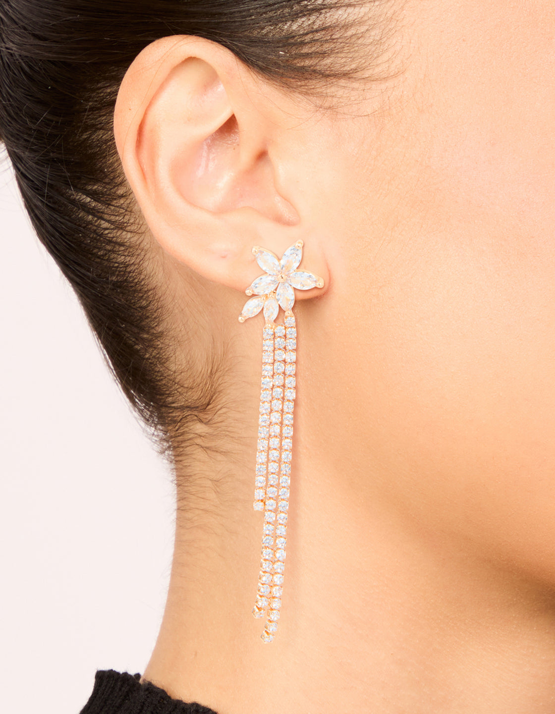 Gold Cubic Zirconia Flower Cup Chain Drop Earrings