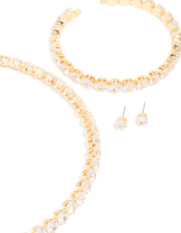 Gold Cubic Zirconia Tennis Necklace, Tennis Bracelet & Earrings Set - link has visual effect only