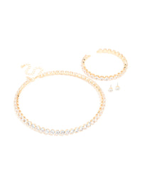 Gold Cubic Zirconia Tennis Necklace, Tennis Bracelet & Earrings Set - link has visual effect only
