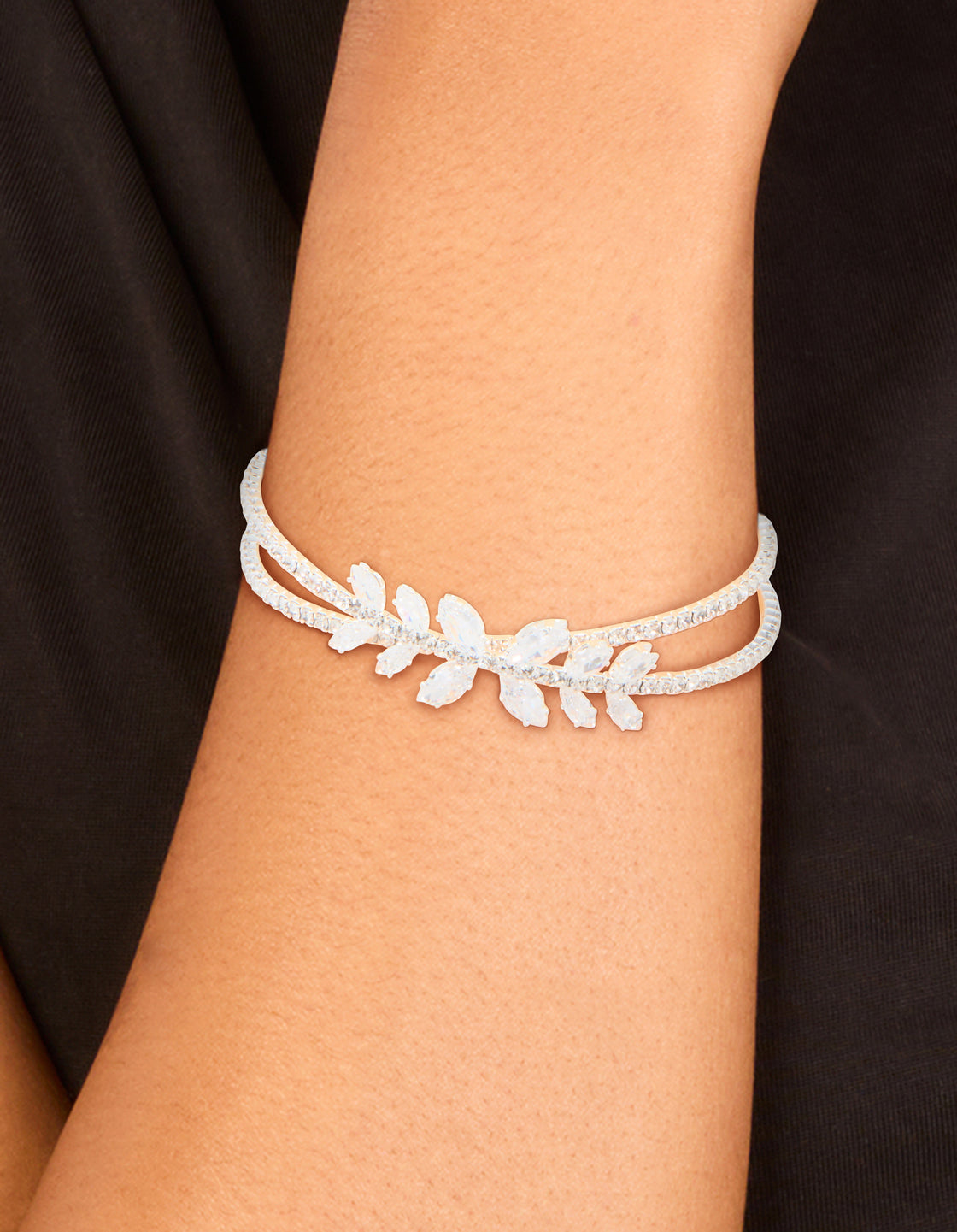 Silver Cubic Zirconia Leaf Floral Wrist Cuff