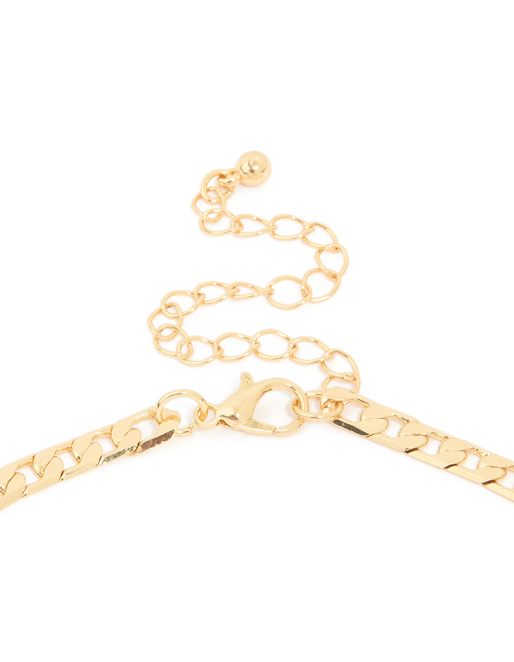 Detailed curb chain necklace featuring cross in gold plated finish with statement styling clasp detail view