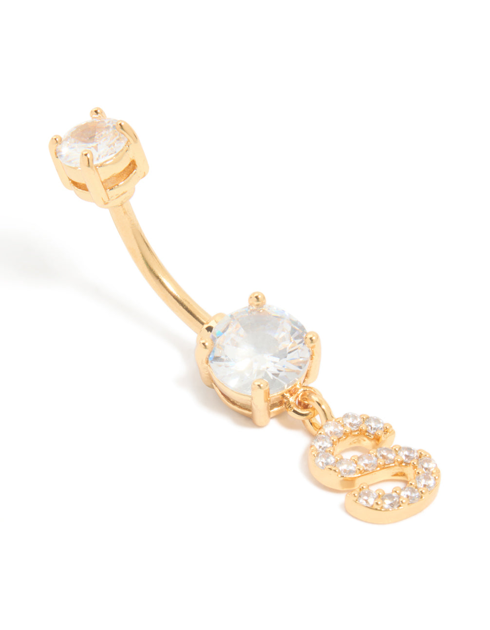 Gold Plated Surgical Steel Cubic Zirconia Pavé Letter S Belly Bar