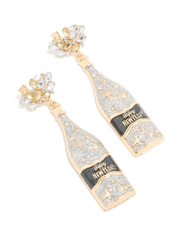 Gold Diamante Champagne Bottle & Star Earrings
