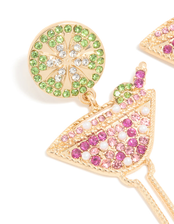 Gold Diamante Martini Cocktail Drop Earrings