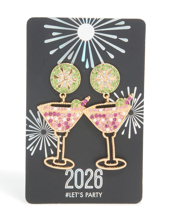 Gold Diamante Martini Cocktail Drop Earrings
