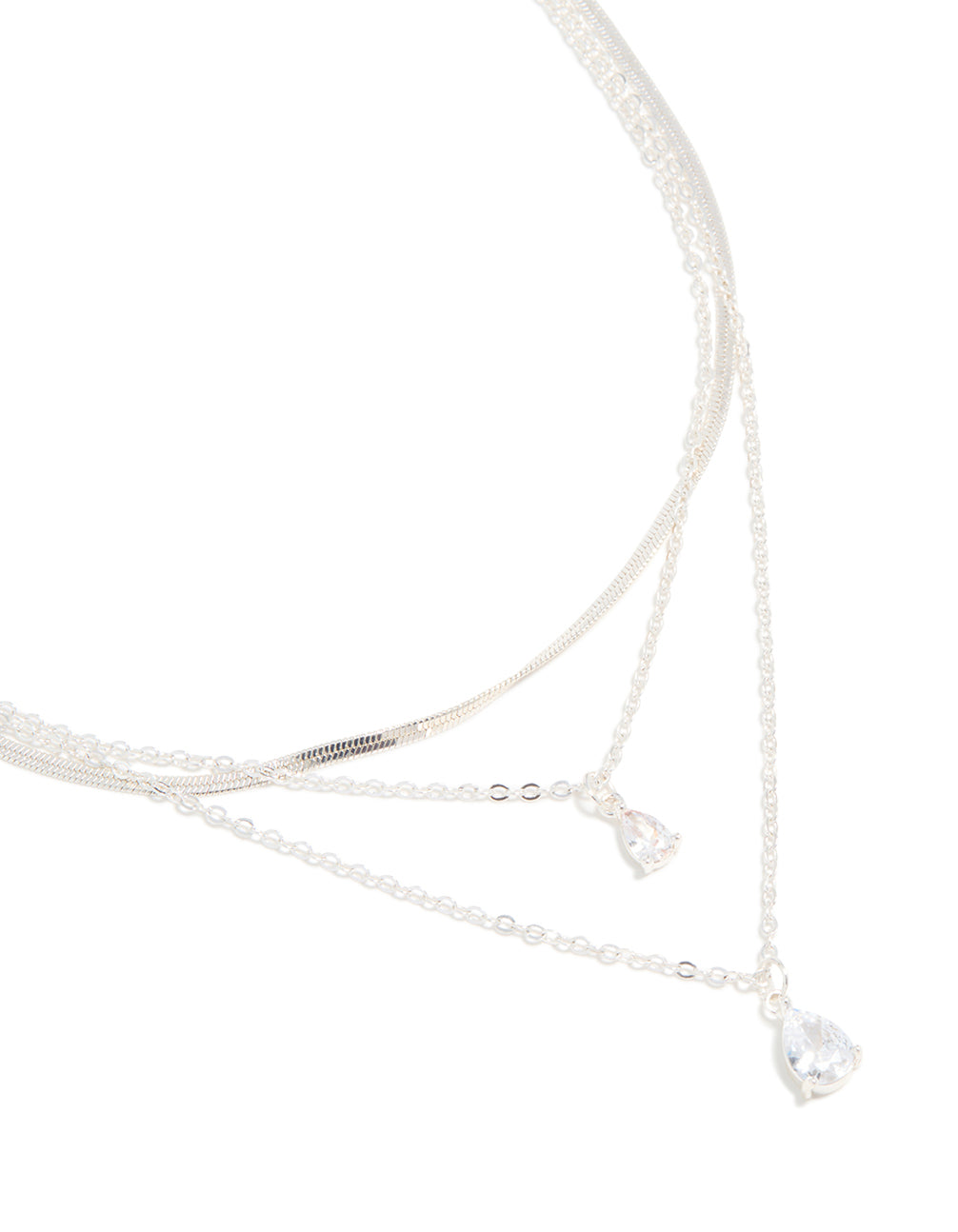 Silver Plated Cubic Zirconia Teardrop & Snake Chain Layered Necklace