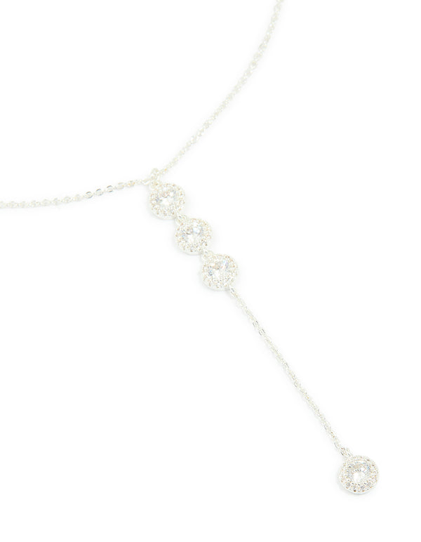 Silver Plated Cubic Zirconia Halo Round Trio Drop Necklace