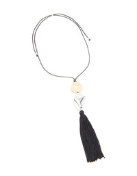 Silver Molten Cream Bead & Black Tassel Cord Necklace - link has visual effect only