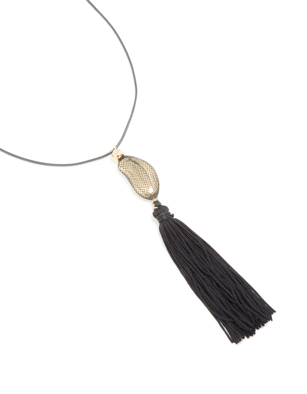 Gold Pebble Black Tassel Cord Necklace
