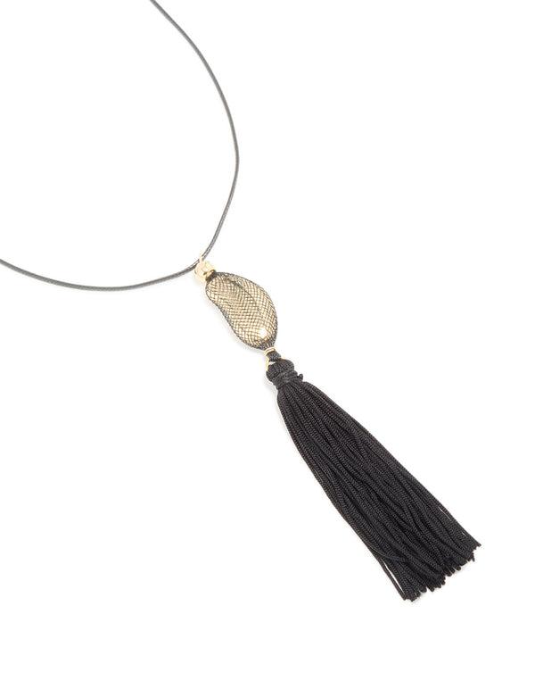 Gold Pebble Black Tassel Cord Necklace