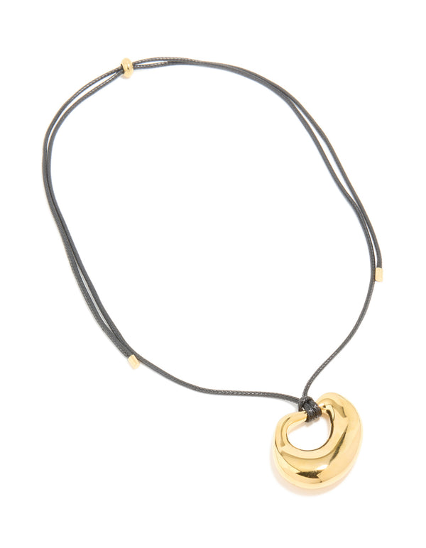 Gold Open Molten Pendant Black Cord Necklace