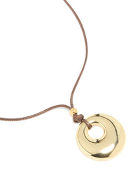 Waterproof Gold Plated Stainless Steel Circle Pendant Brown Cord Necklace - link has visual effect only