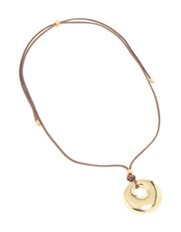 Waterproof Gold Plated Stainless Steel Circle Pendant Brown Cord Necklace - link has visual effect only