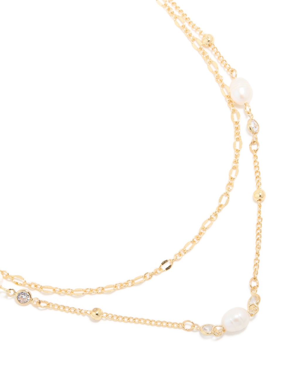 Gold Plated Cubic Zirconia Freshwater Pearl & Chain Layered Necklace
