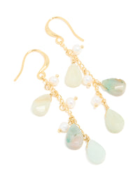 Gold Plated Freshwater Pearl & Green Semi Precious Stone Chain Drop Hook Earrings - link has visual effect only