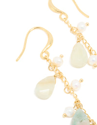 Gold Plated Freshwater Pearl & Green Semi Precious Stone Chain Drop Hook Earrings - link has visual effect only