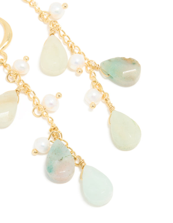 Gold Plated Freshwater Pearl & Green Semi Precious Stone Chain Drop Hook Earrings