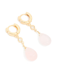 Gold Plated Cubic Zirconia & Rose Quartz Semi Precious Stone Teardrop Earrings - link has visual effect only