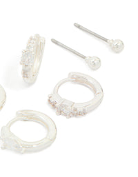 Silver Plated Cubic Zirconia Fine Huggie & Stud Earrings 4-Pack - link has visual effect only