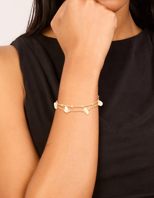 Gold Plated Clear Quartz Semi Precious Stone Layered Toggle Bracelet