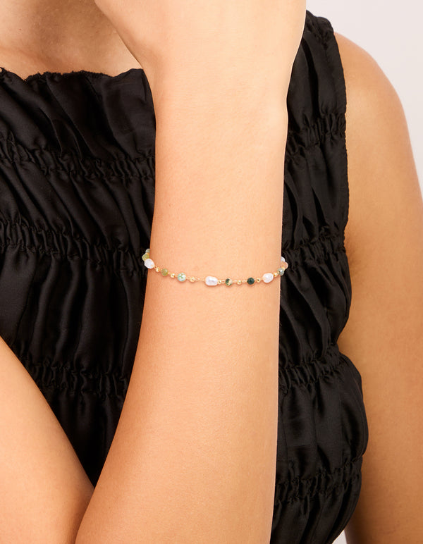 Gold Plated Green Semi Precious & Pearls Bracelet