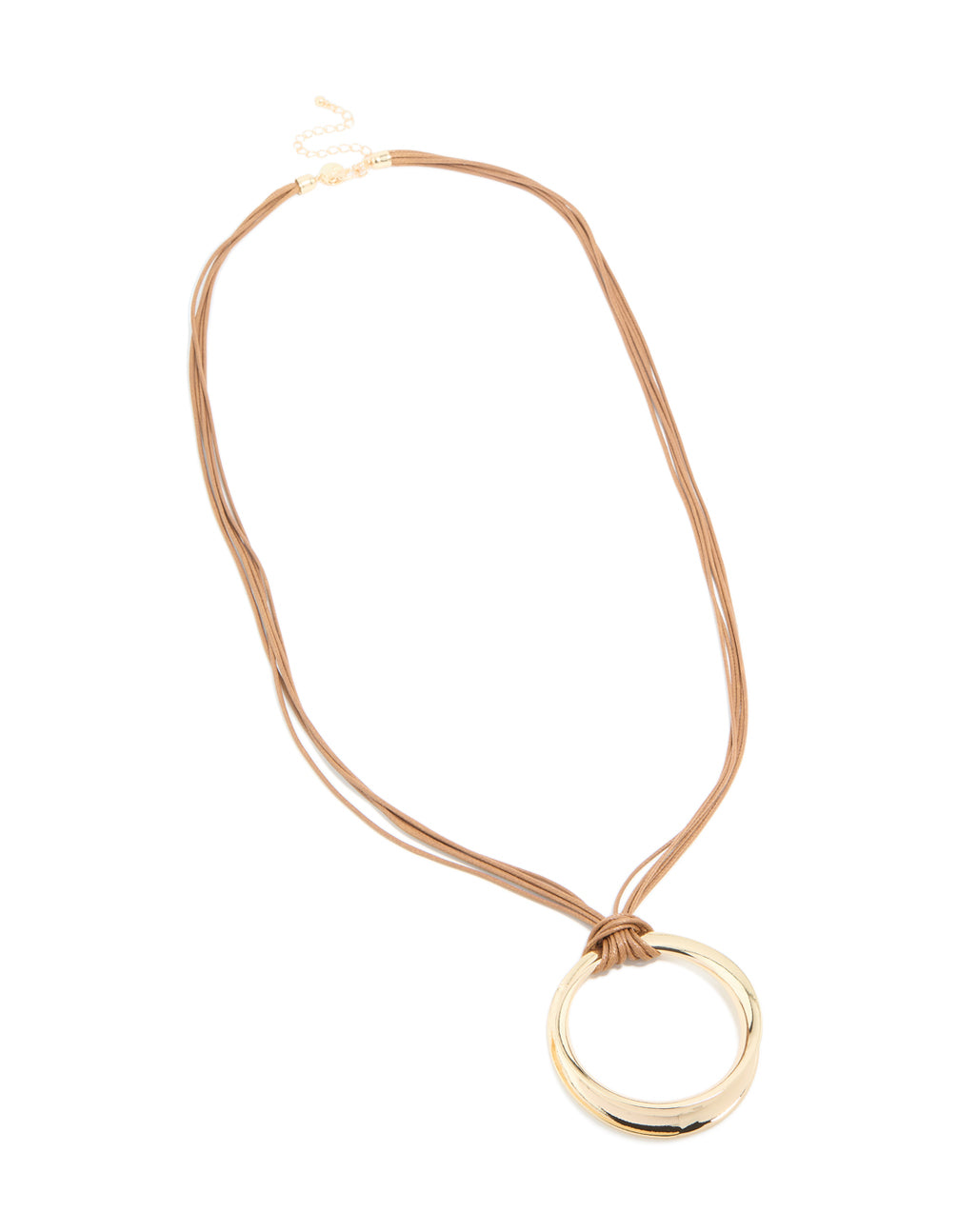 Gold Open Pendant Brown Cord Layered Long Necklace