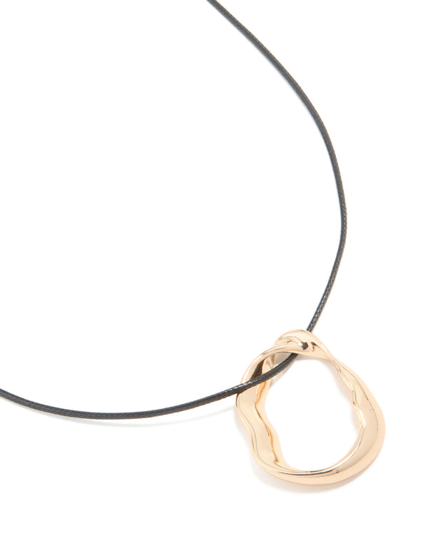 Gold Textured Long Open Pendant Cord Necklace