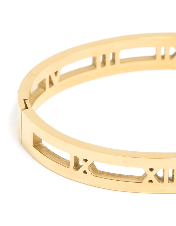 Waterproof Gold Plated Stainless Steel Diamante Roman Numeral Bangle