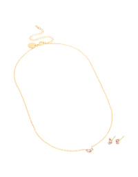 Waterproof Gold Plated Stainless Steel February Lilac Cubic Zirconia Birthstone Necklace & Earrings Set - link has visual effect only