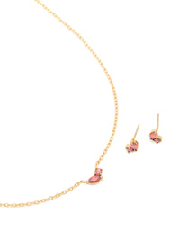 Waterproof Gold Plated Stainless Steel July Red Cubic Zirconia Birthstone Necklace & Earrings Set - link has visual effect only