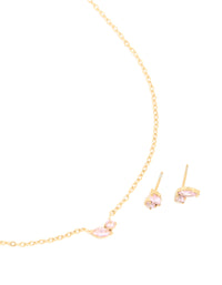 Waterproof Gold Plated Stainless Steel October Pink Cubic Zirconia Birthstone Necklace & Earrings Set - link has visual effect only
