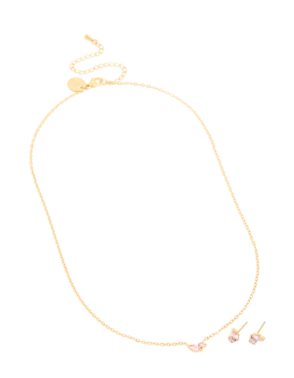 Waterproof Gold Plated Stainless Steel October Pink Cubic Zirconia Birthstone Necklace & Earrings Set