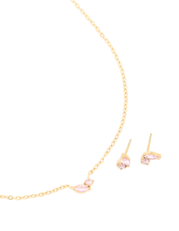 Waterproof Gold Plated Stainless Steel October Pink Cubic Zirconia Birthstone Necklace & Earrings Set
