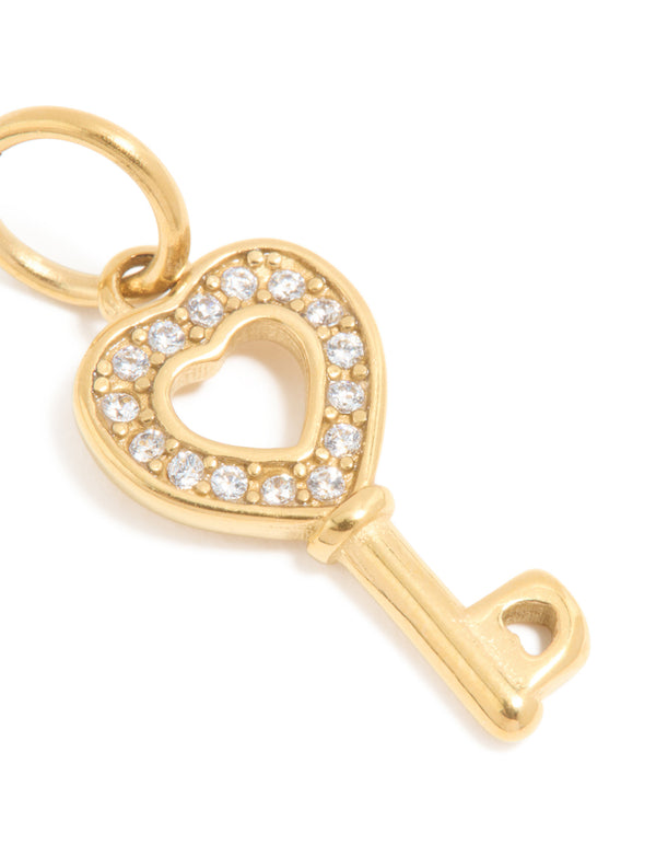 Waterproof Gold Plated Stainless Steel Cubic Zirconia Heart & Key Charm